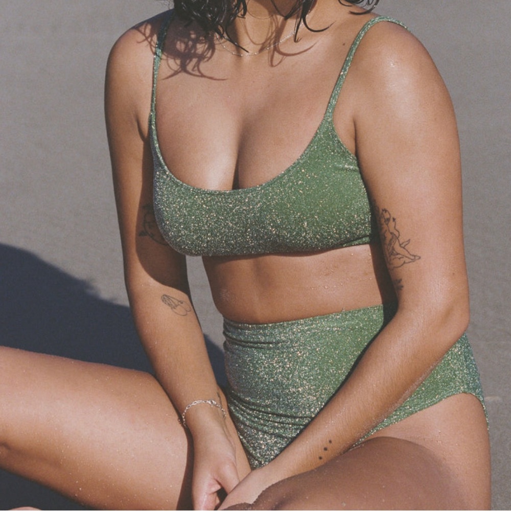 Charlee Swim, Morgan High Waist Bottom, Size M, Olive Sparkle, Australian brand